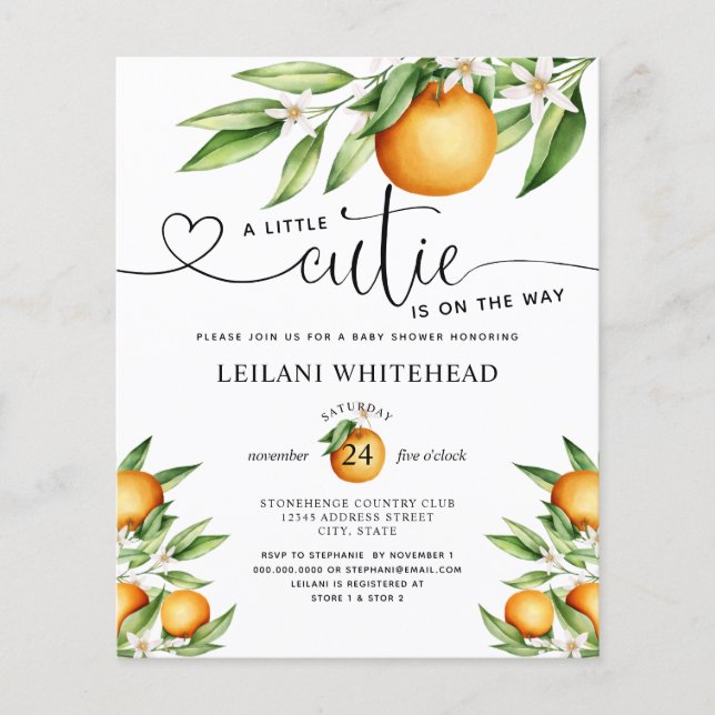 Lámina Invitación a Baby Shower de Cutie Little Budget (Anverso)