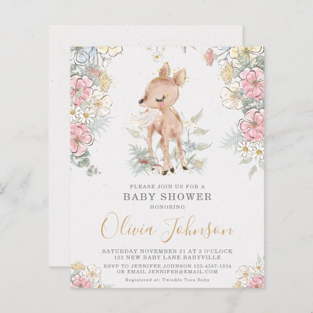Lámina Invitación a Baby Shower de Deer Floral de Woodlan (Anverso / Reverso)