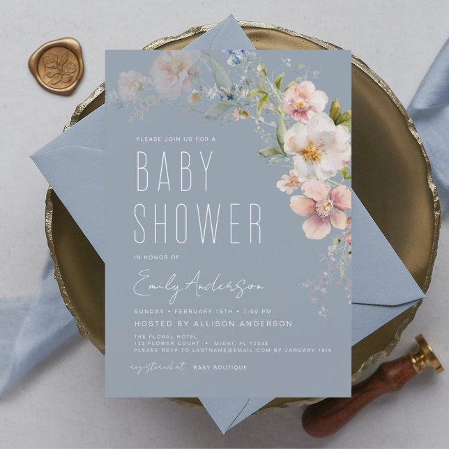 Lámina Invitación a Baby Shower de Dusty Blue Boho Wildfl (Subido por el creador)
