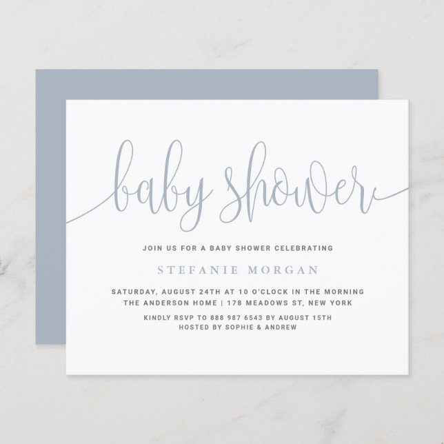 Lámina Invitación a Baby Shower de Dusty Blue Calligraphy (Anverso / Reverso)