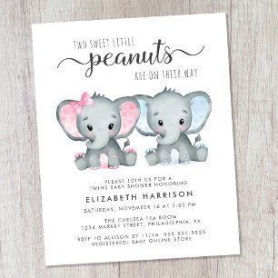 Lámina Invitación a Baby Shower de elefante Twin Boy Chic