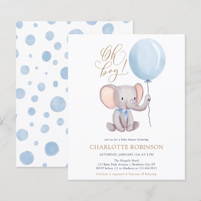 Lámina Invitación a Baby Shower de Elephant Balloon Boy (Anverso / Reverso)