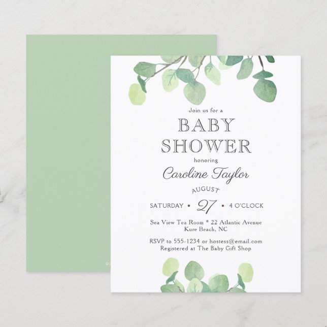 Lámina Invitación a Baby Shower de Eucalyptus Greenery (Anverso / Reverso)