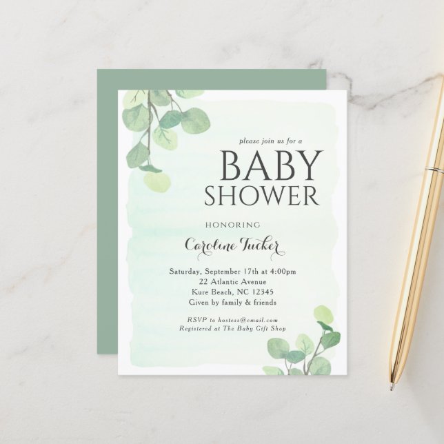 Lámina Invitación a Baby Shower de Eucalyptus Greenery Bu (Anverso/Reverso In Situ)