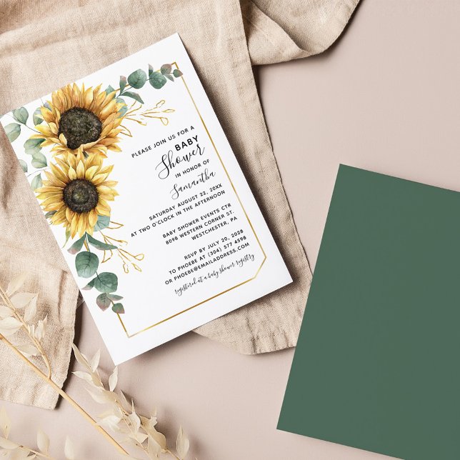 Lámina Invitación a Baby Shower de Floral de girasol (Sunflower Greenery Foliage Baby Shower Invitation)