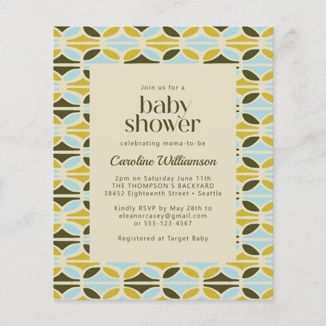 Lámina Invitación a Baby Shower de Formas azules verdes d (Anverso)