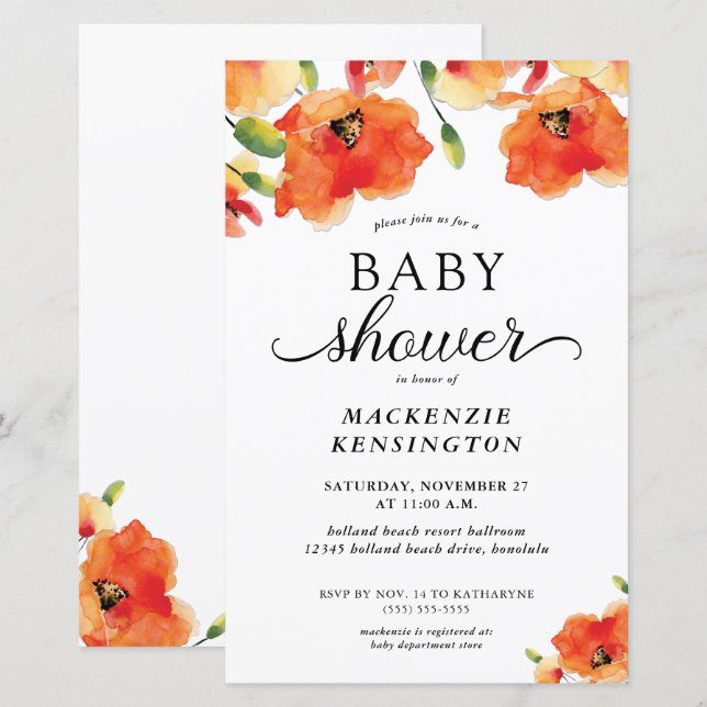 Lámina Invitación a Baby Shower de Golden Poppy elegante  (Anverso / Reverso)