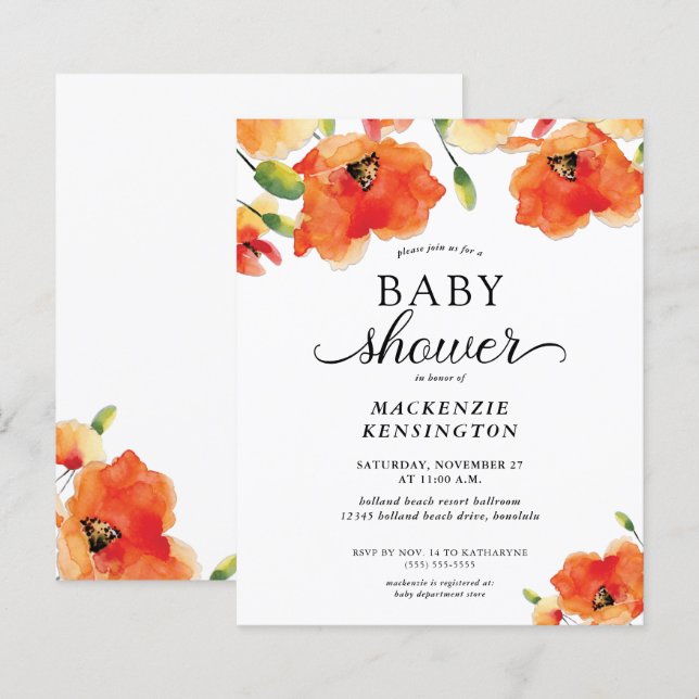 Lámina Invitación a Baby Shower de Golden Poppy elegante  (Anverso / Reverso)