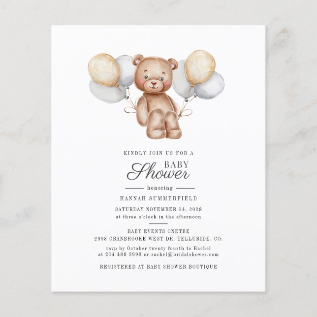 Lámina Invitación a Baby Shower de guión de globos de oso (Anverso)