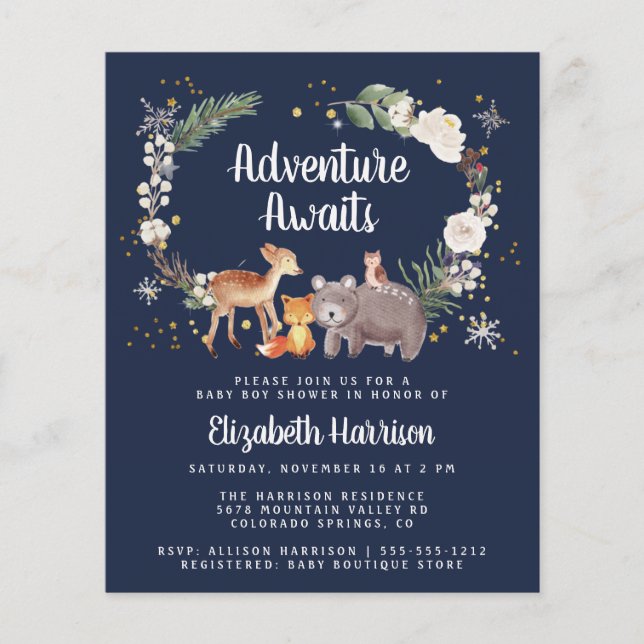 Lámina Invitación a Baby Shower de invierno de Woodland A (Anverso)