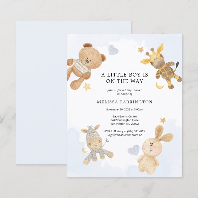 Lámina Invitación a Baby Shower de Juguetes Cuidados (Anverso / Reverso)