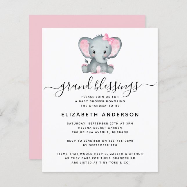 Lámina Invitación a Baby Shower de la Abuela Elefante Pre (Anverso / Reverso)