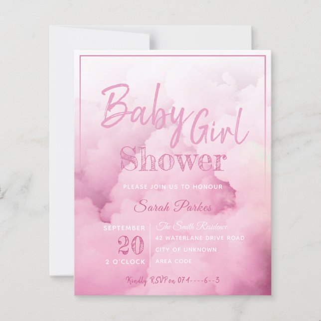 Lámina Invitación a Baby Shower de la bebé de la nube ros (Anverso)