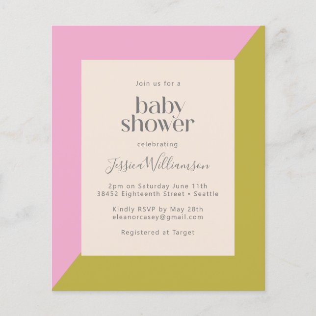 Lámina Invitación a Baby Shower de la frontera verde rosa (Anverso)