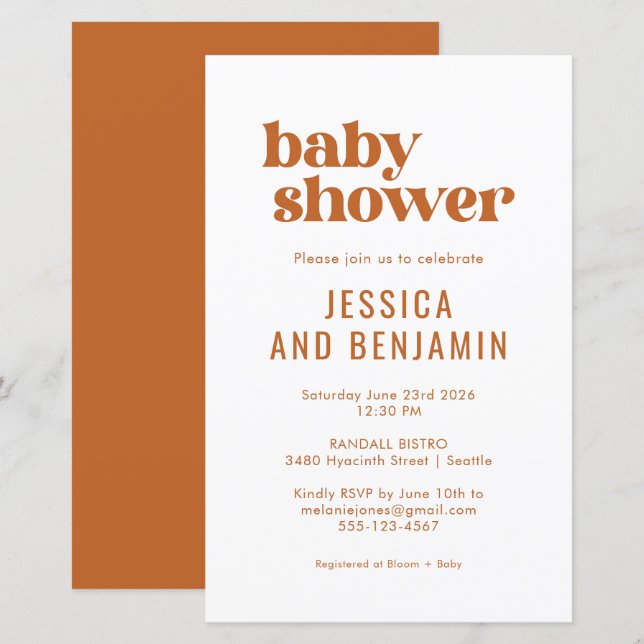Lámina Invitación a Baby Shower de la Moda Terracotta del (Anverso / Reverso)
