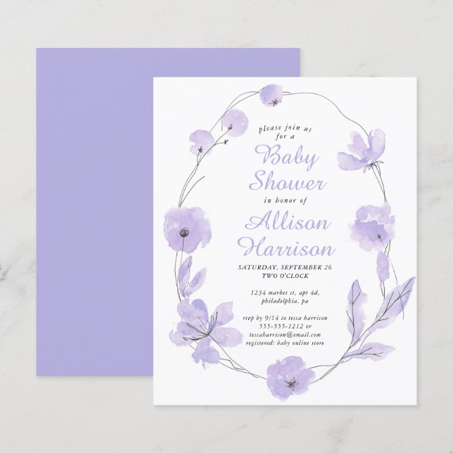 Lámina Invitación a Baby Shower de Lavanda Floral Presupu (Anverso / Reverso)