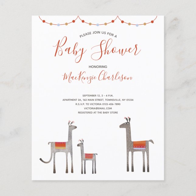 Lámina Invitación a Baby Shower de Llama a presupuesto (Anverso)