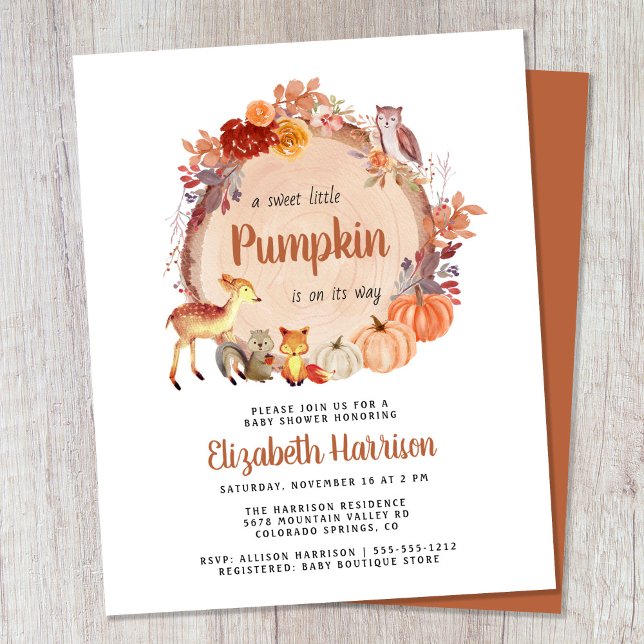 Lámina Invitación a Baby Shower de los animales de Woodla (Celebrate the upcoming arrival of your sweet little autumn baby with a pumpkin-themed baby shower)