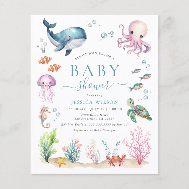Lámina Invitación A Baby Shower De Los Animales Marinos (Anverso)