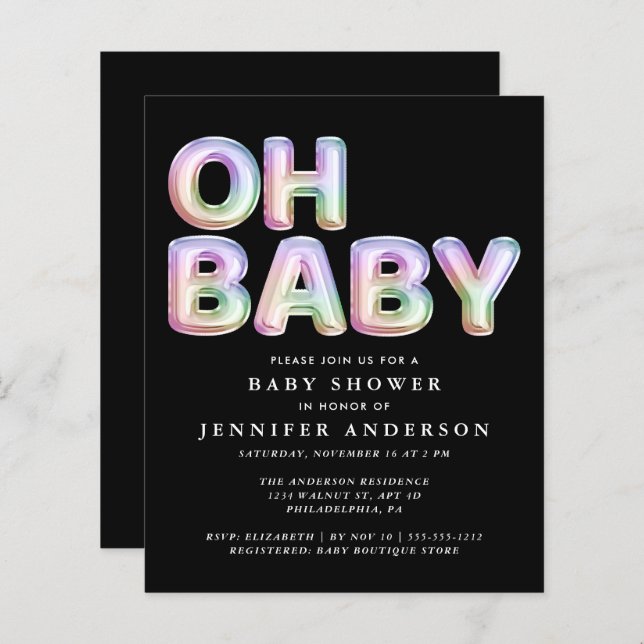 Lámina Invitación a Baby Shower de los globos arcoiris pr (Anverso / Reverso)