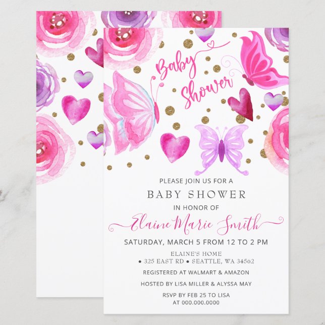 Lámina Invitación a Baby Shower de mariposas púrpuras de  (Anverso / Reverso)