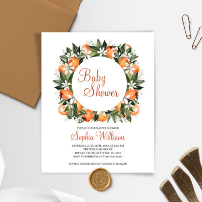 Lámina Invitación a Baby Shower de Naranja de presupuesto (Subido por el creador)