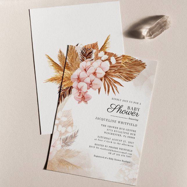 Lámina Invitación a Baby Shower de Pampas Grass Terracott (Pink Floral Pampas Grass Baby Shower Invitation)