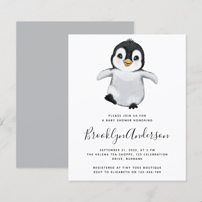 Lámina Invitación a Baby Shower de Pingüino Gris BUDGET (Anverso / Reverso)