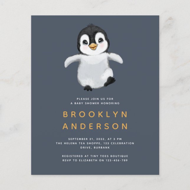 Lámina Invitación a Baby Shower de Pingüino Presupuestari (Anverso)