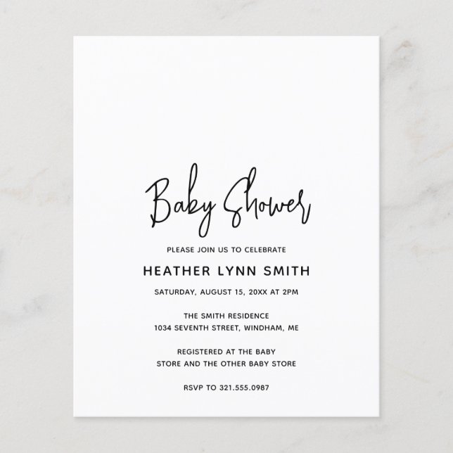 Lámina Invitación a Baby Shower de presupuesto Minimalist (Anverso)
