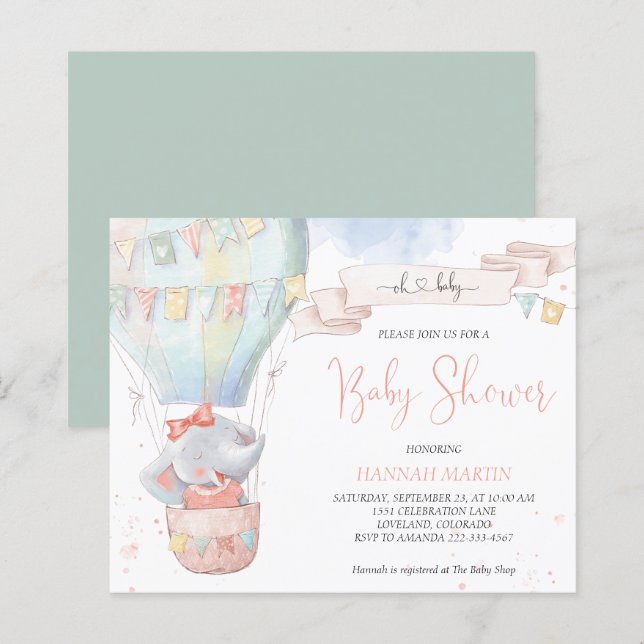 Lámina Invitación a Baby Shower de presupuesto para elefa (Anverso / Reverso)
