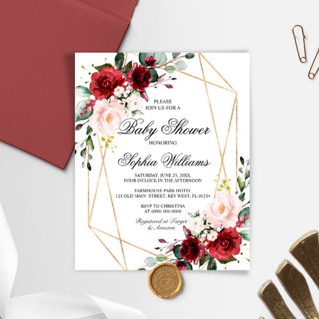 Lámina Invitación a Baby Shower de Rosa Rosado y Borgoña  (Subido por el creador)