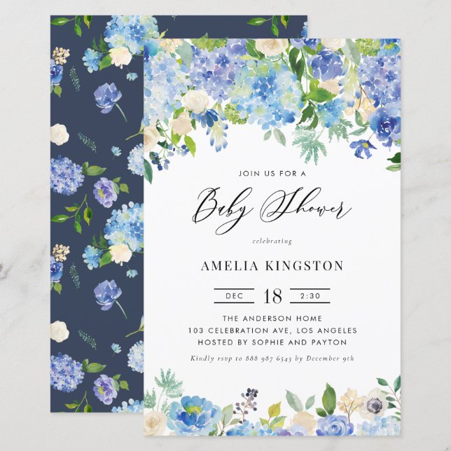 Lámina Invitación a Baby Shower de Rosas azules e hidrang (Anverso / Reverso)