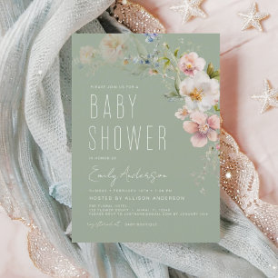 Lámina Invitación a Baby Shower de Sage Green Boho Wildfl