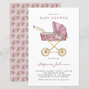 Lámina Invitación a Baby Shower de Stroller de color rosa