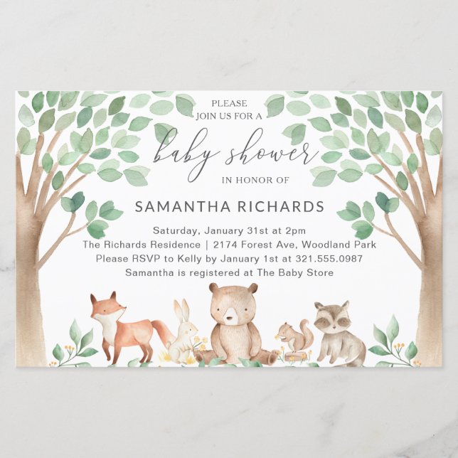 Lámina Invitación a Baby Shower de Woodland Animals (Anverso)