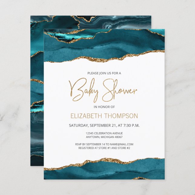 Lámina Invitación a Baby Shower del Agate de Oro Azul Ver (Anverso / Reverso)