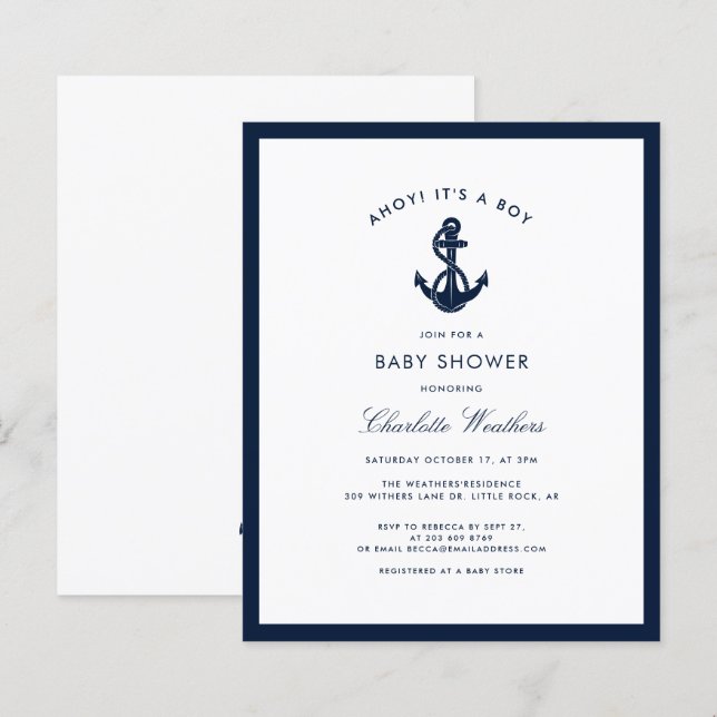 Lámina Invitación a Baby Shower del Ancla Azul de la Mari (Anverso / Reverso)