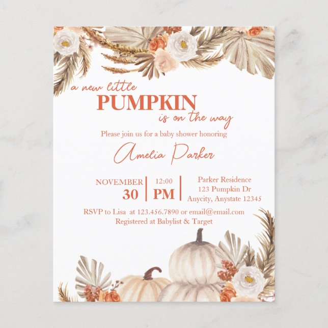 Lámina Invitación a Baby Shower del Boho Bompkin de presu (Anverso)