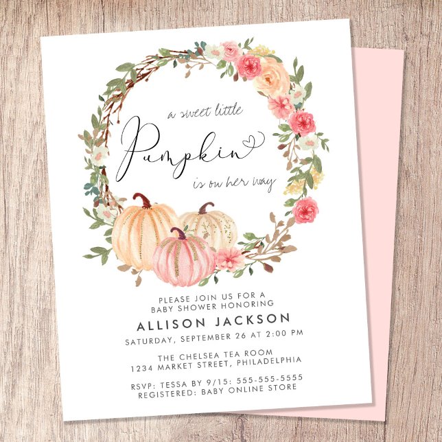 Lámina Invitación a Baby Shower del Chica de acuarela flo (Celebrate the upcoming arrival of your sweet little autumn baby with a pumpkin-themed baby shower)