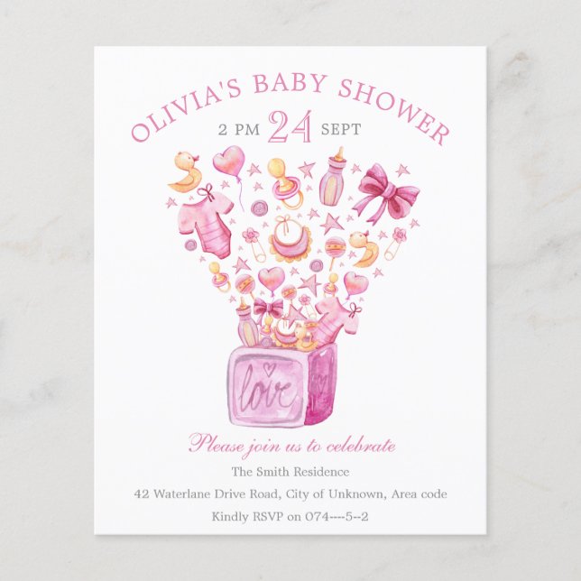 Lámina Invitación a Baby Shower del Chica de caja de sorp (Anverso)