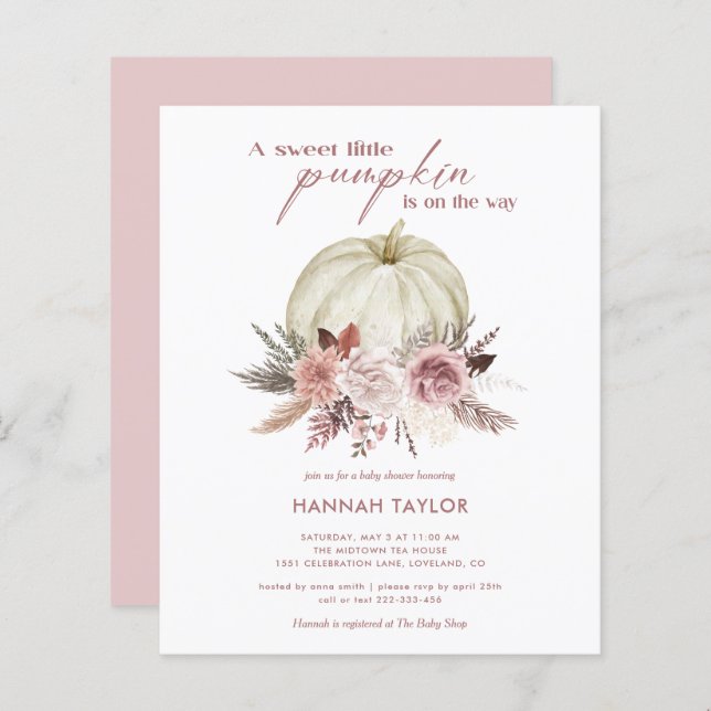 Lámina Invitación a Baby Shower del Chica de calabaza ros (Anverso / Reverso)