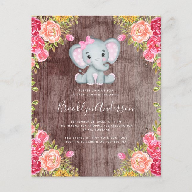 Lámina Invitación a Baby Shower del Chica de Elefantes pa (Anverso)