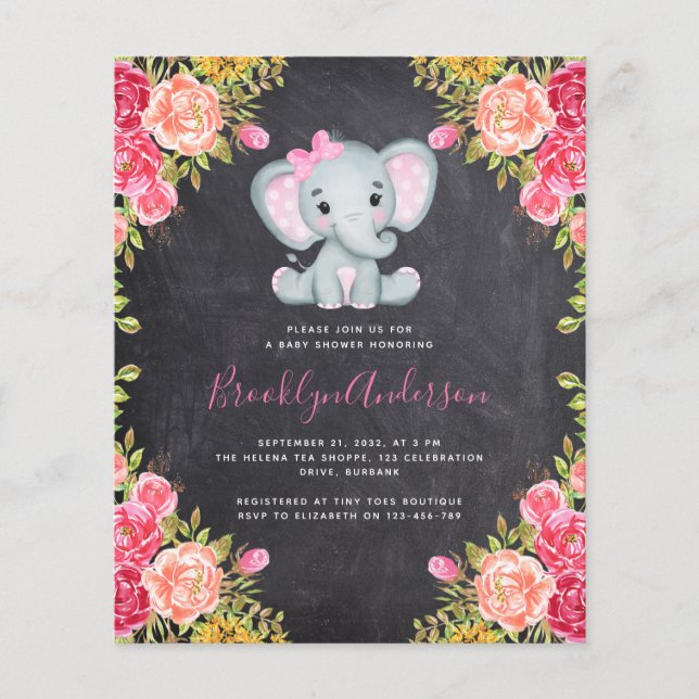 Lámina Invitación a Baby Shower del Chica de Elefantes pa (Anverso)
