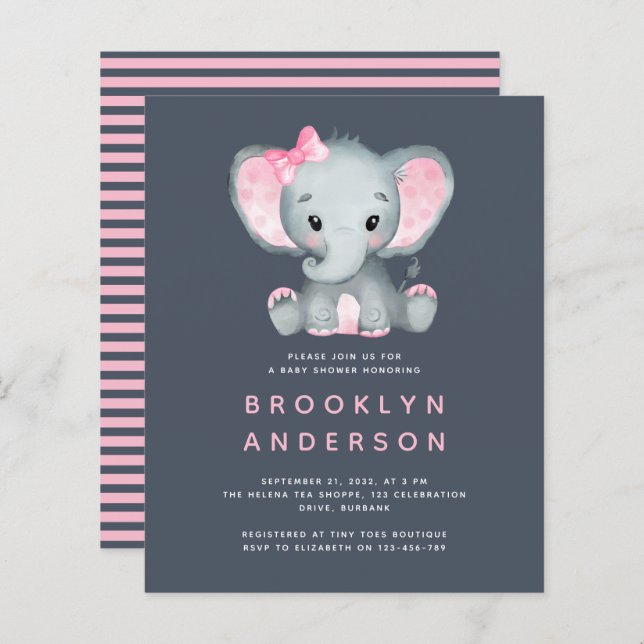 Lámina Invitación a Baby Shower del Chica de Elefantes pa (Anverso / Reverso)