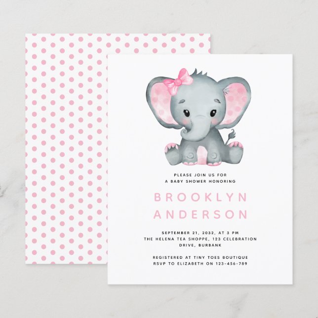Lámina Invitación a Baby Shower del Chica de Elefantes pa (Anverso / Reverso)