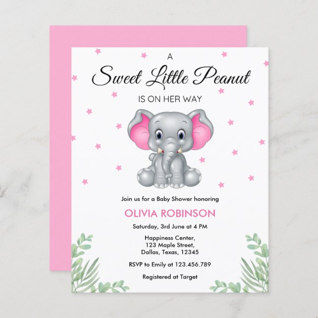 Lámina Invitación a Baby Shower del Chica rosa del elefan (Anverso / Reverso)