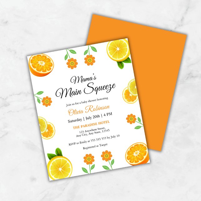 Lámina Invitación a Baby Shower del condimento principal  (Budget Mama's Main Squeeze Orange Citrus Baby Shower Invitation )