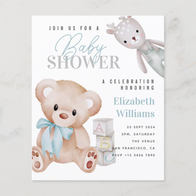 Lámina Invitación a Baby Shower del osito de peluche con  (Anverso)