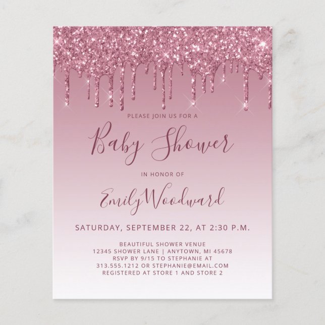 Lámina Invitación a Baby Shower del Purpurina de Borgoña  (Anverso)